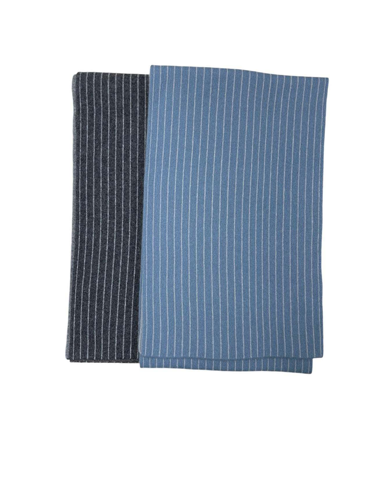 Blue & Grey Striped Cashmere Scarf (Double Sided)
