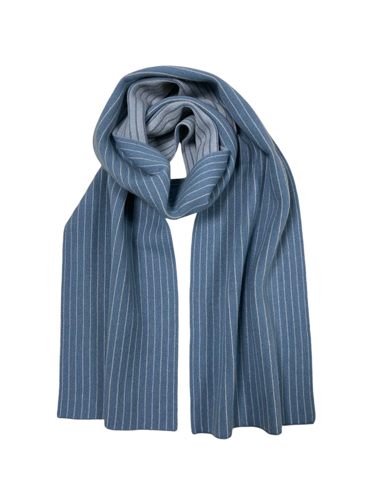 Blue & Grey Striped Cashmere Scarf (Double Sided)