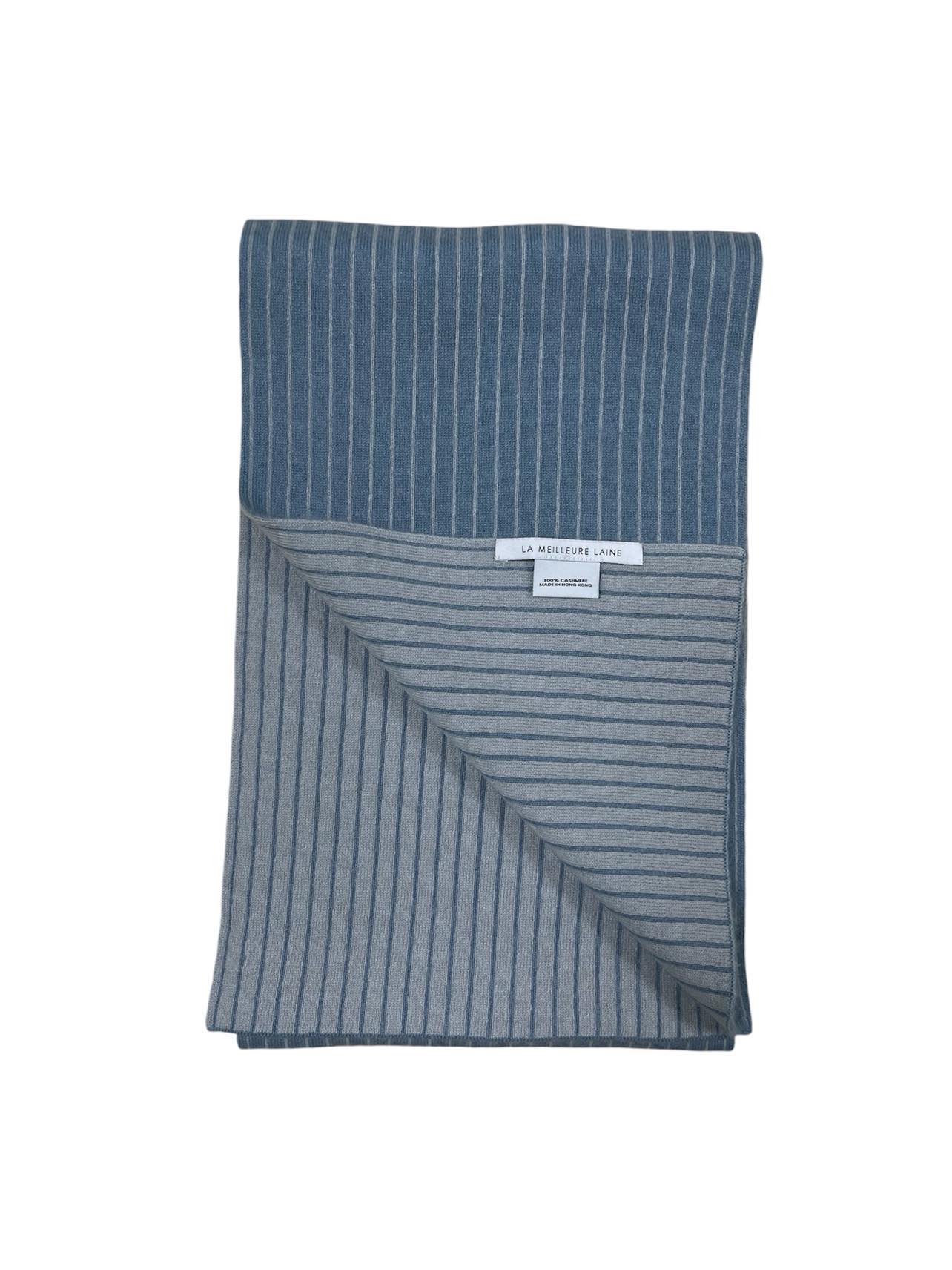 Blue & Grey Striped Cashmere Scarf (Double Sided)